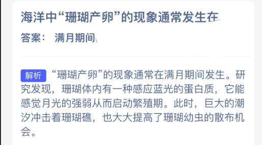 海洋中珊瑚产卵的现象通常发生在