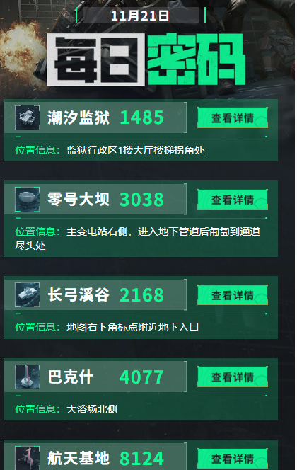 三角洲行动11月21日每日密码及密码房位置汇总